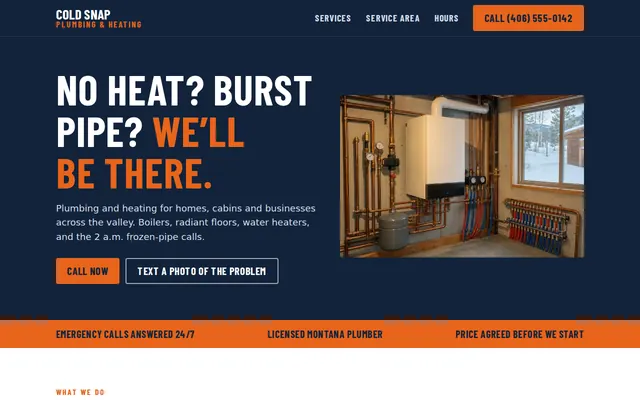Sample design for a plumbing and heating company: navy and orange, big call button.
