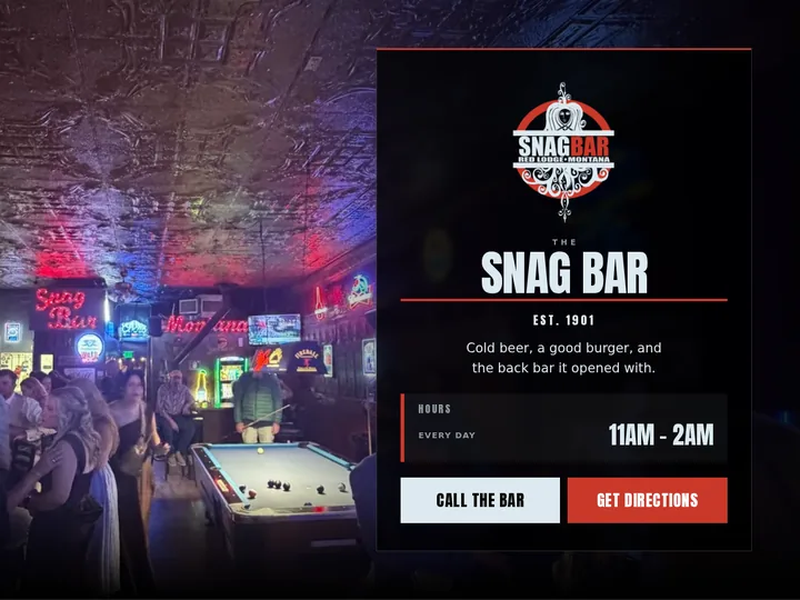 The Snag Bar website on a computer: the bar's logo, hours, and call and directions buttons, set over a wide photo of the room.