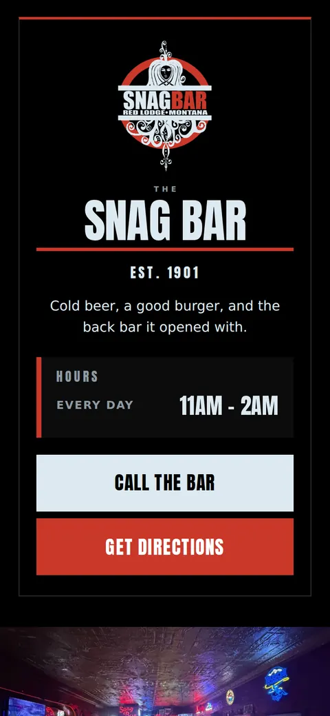 The same site on a phone: logo, hours, and big Call the Bar and Get Directions buttons.