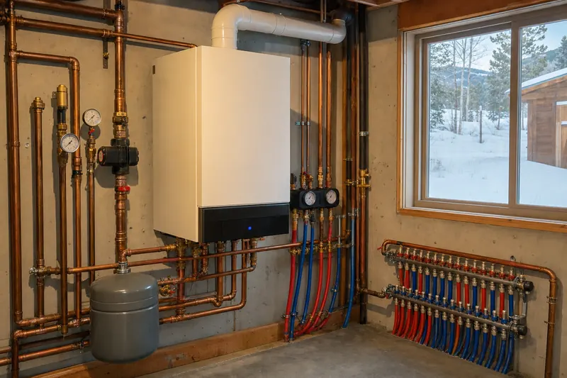 A tidy boiler room with copper pipes and a radiant floor manifold.