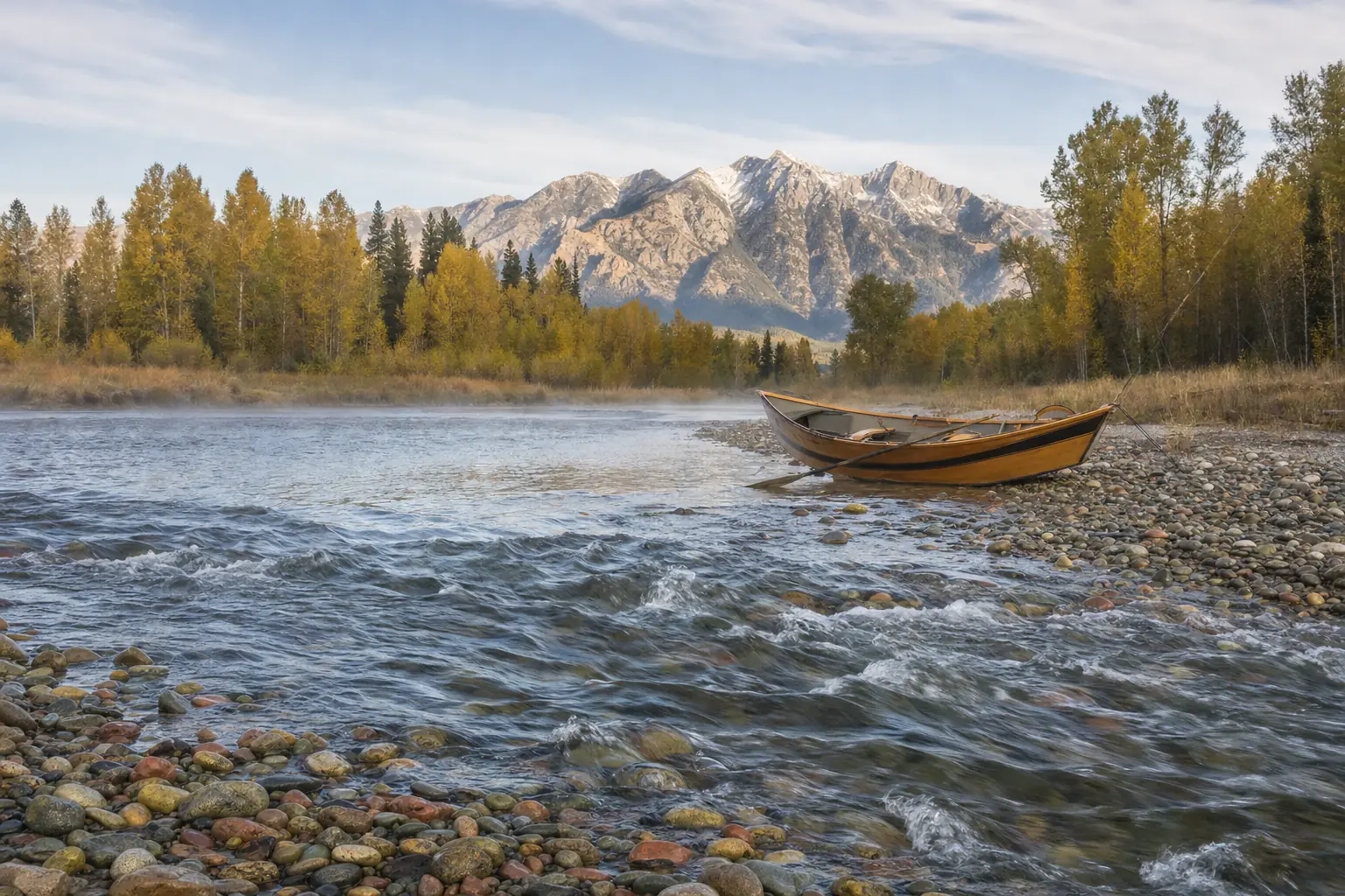 A clear mountain river running over colored stones, with a wooden drift boat on the gravel bar and snowy peaks behind.