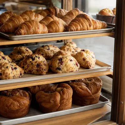 Croissants, scones and morning buns in the pastry case.