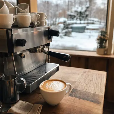 A latte with leaf art next to the espresso machine.