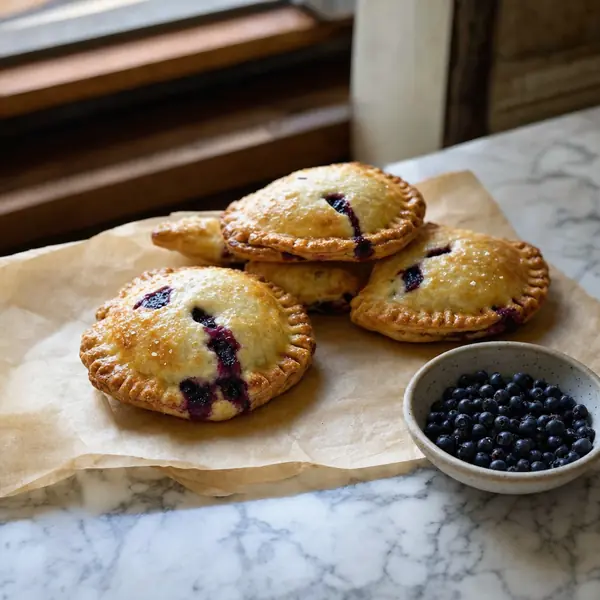 Huckleberry hand pies on parchment, with a bowl of fresh huckleberries.